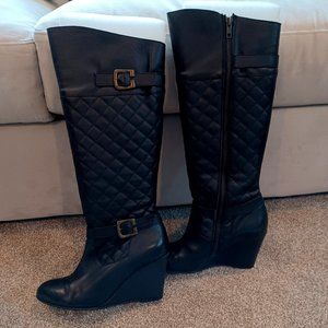 Quilted black tall boots / wedge heel, 8